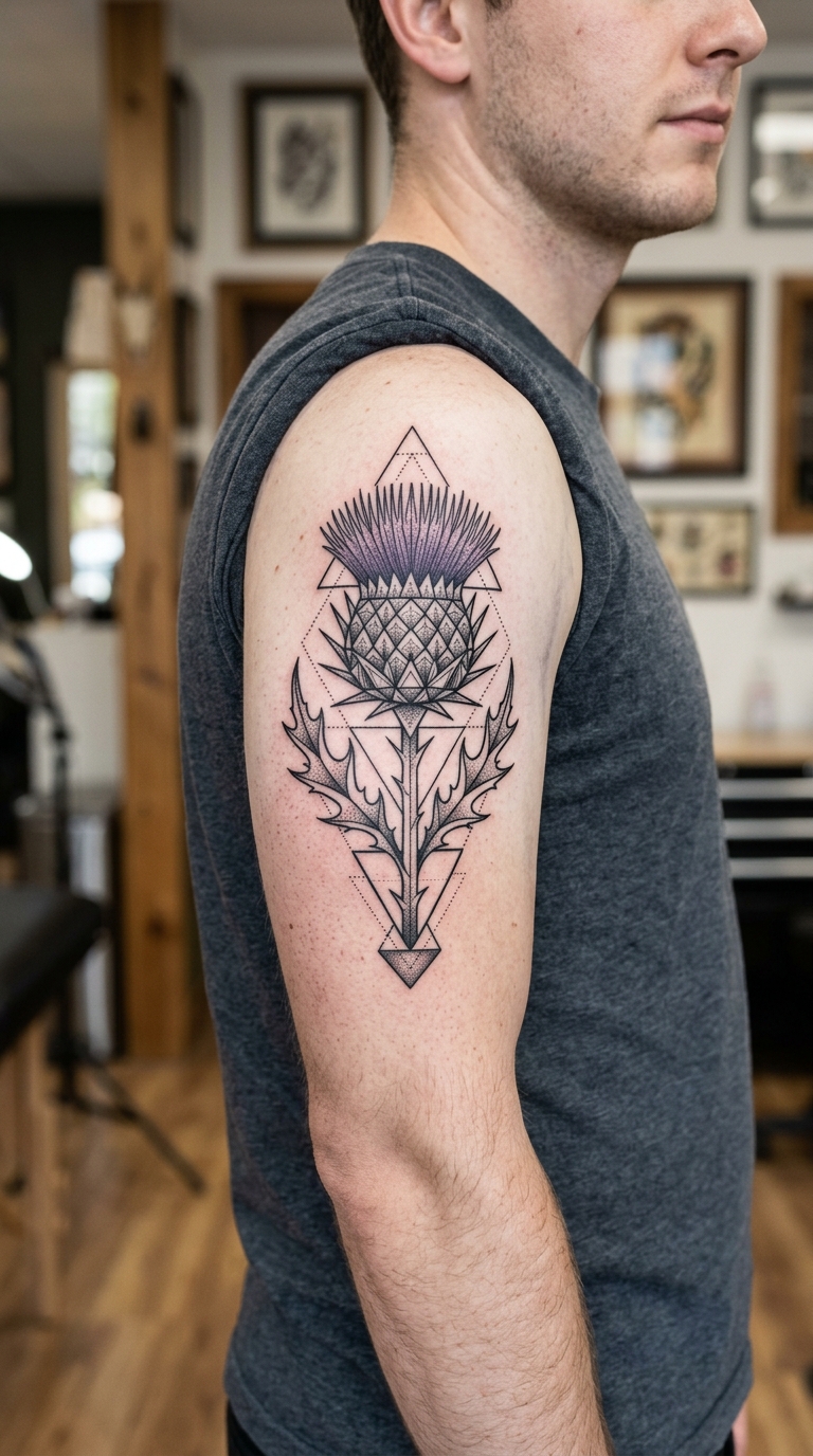 Schottische Distel als geometrisches Tattoo für den Oberarm