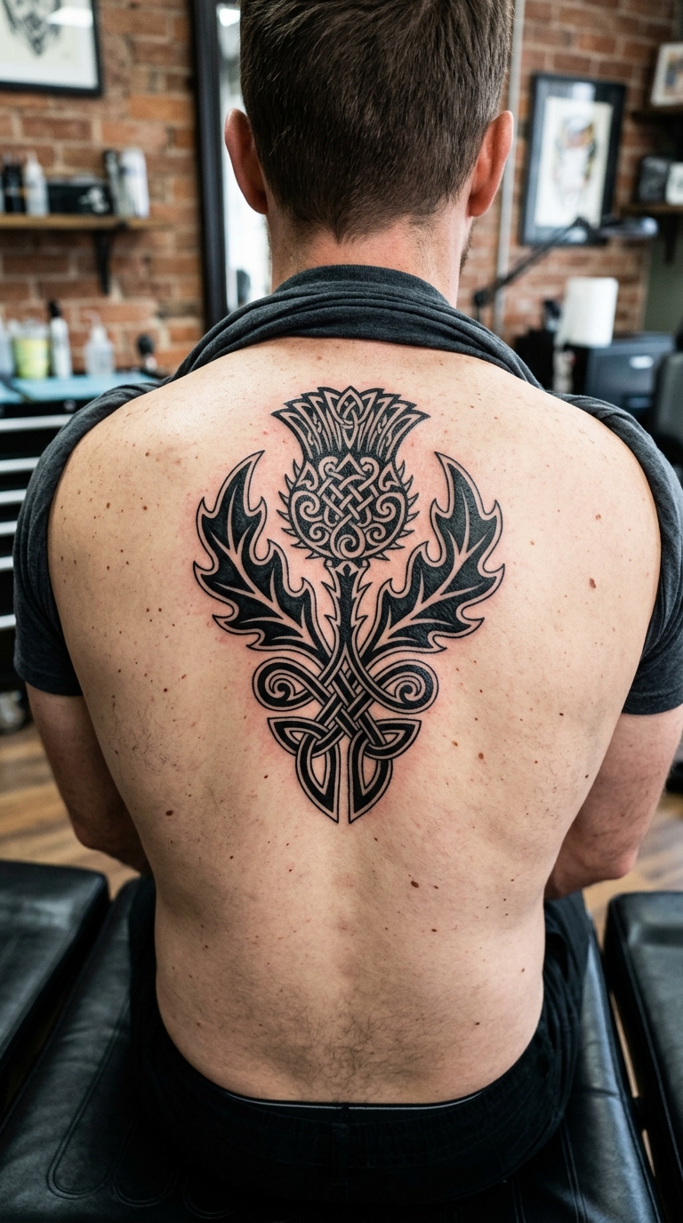 Schottische Distel als Tattoo Vorlage im Wikinger und Celtic Stil für den Rücken