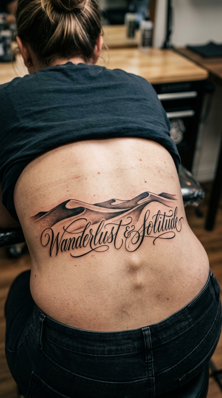 Schrift Tattoo Idee mit Wüstensand Motiv für das Steißbein