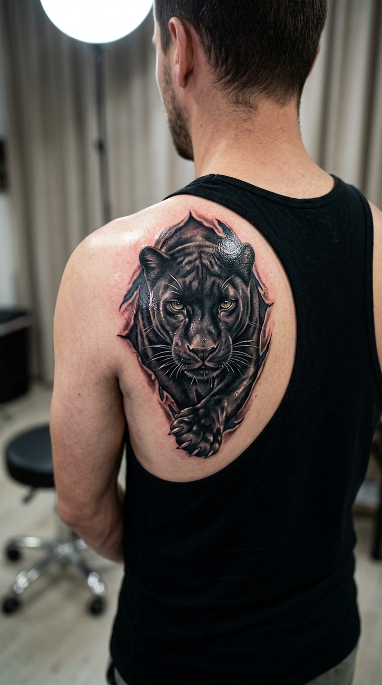 Schwarzer Panther als 3D Tattoo auf dem Rücken