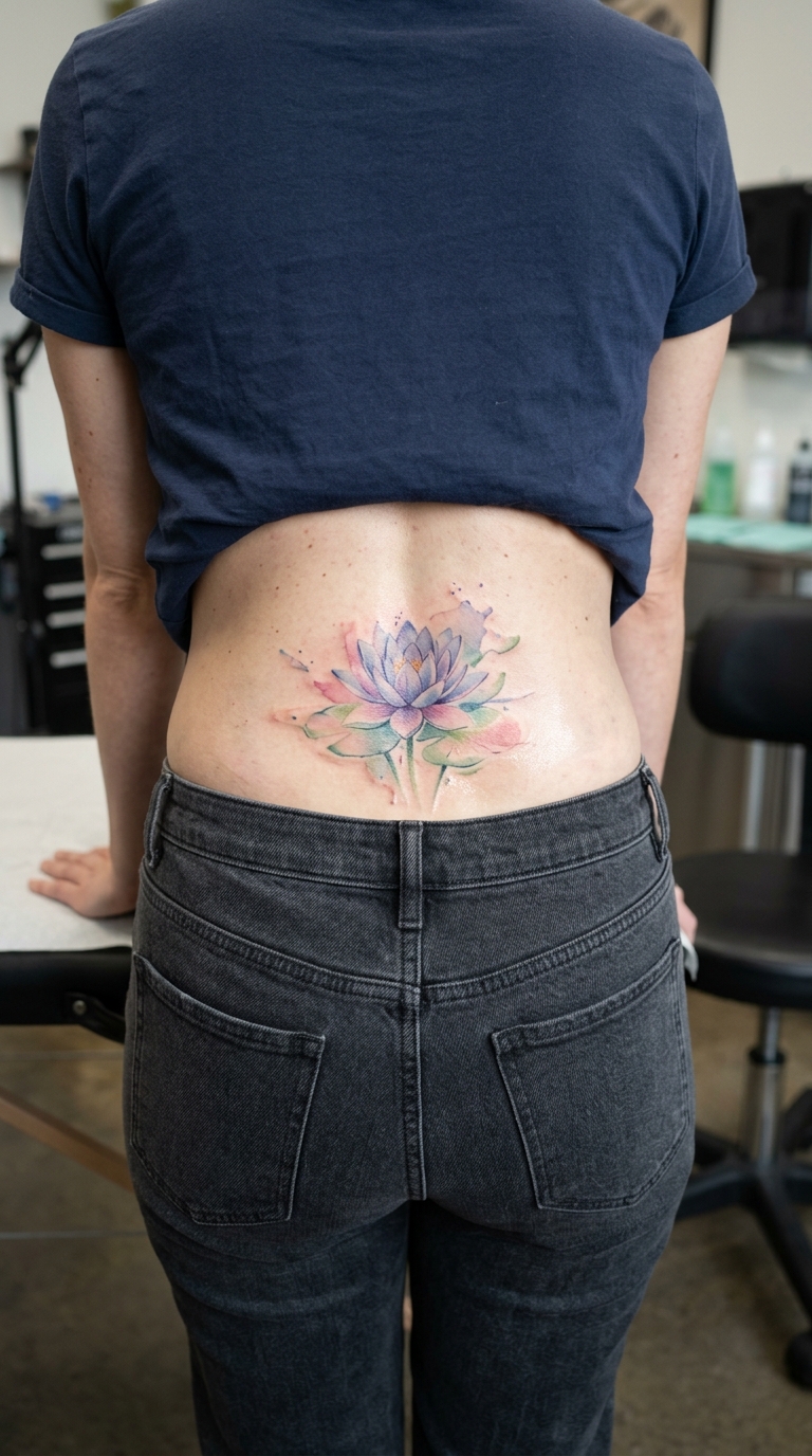 Seerose als Aquarell Tattoo Idee für das Steißbein