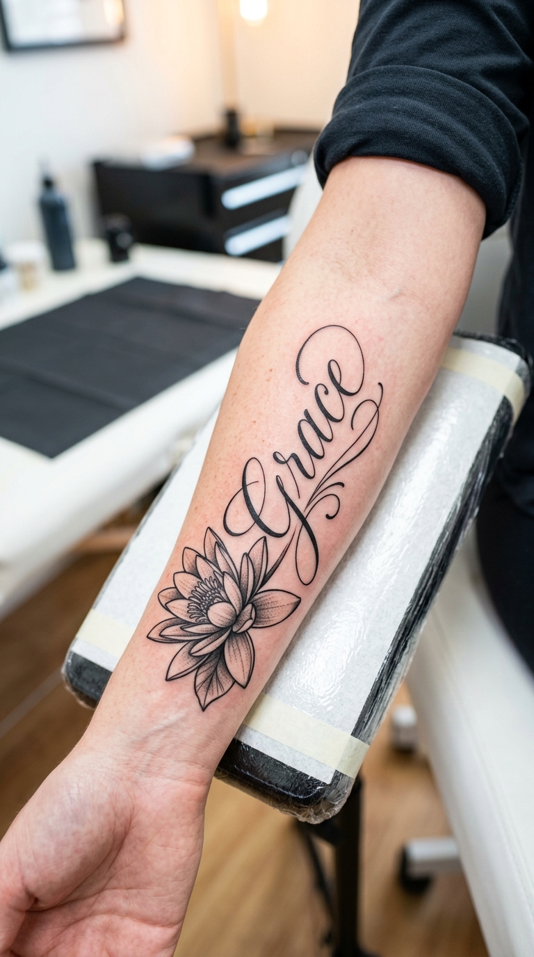 Seerose als fließendes Schrift Tattoo für den Arm