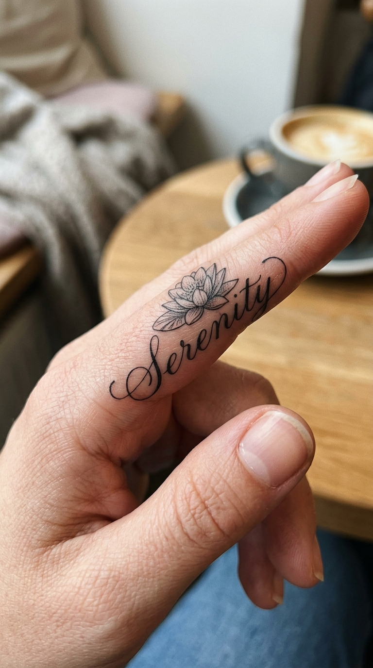 Seerose als fließendes Schrift Tattoo für den Finger