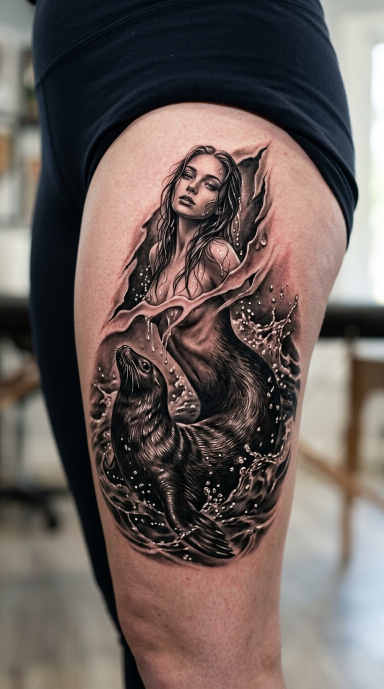 Selkie als 3D Tattoo Vorlage für den Oberschenkel