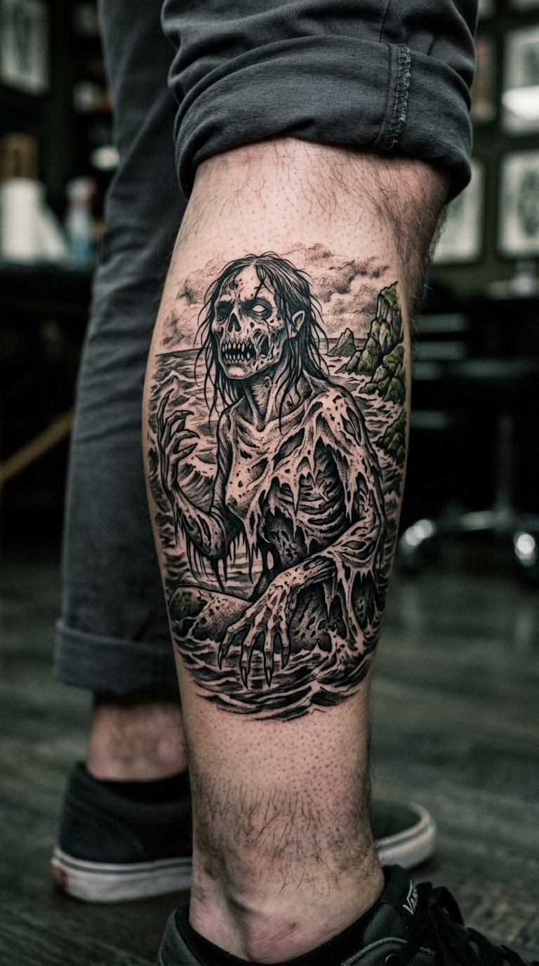 Selkie als düstere Horror Tattoo Vorlage für das Bein