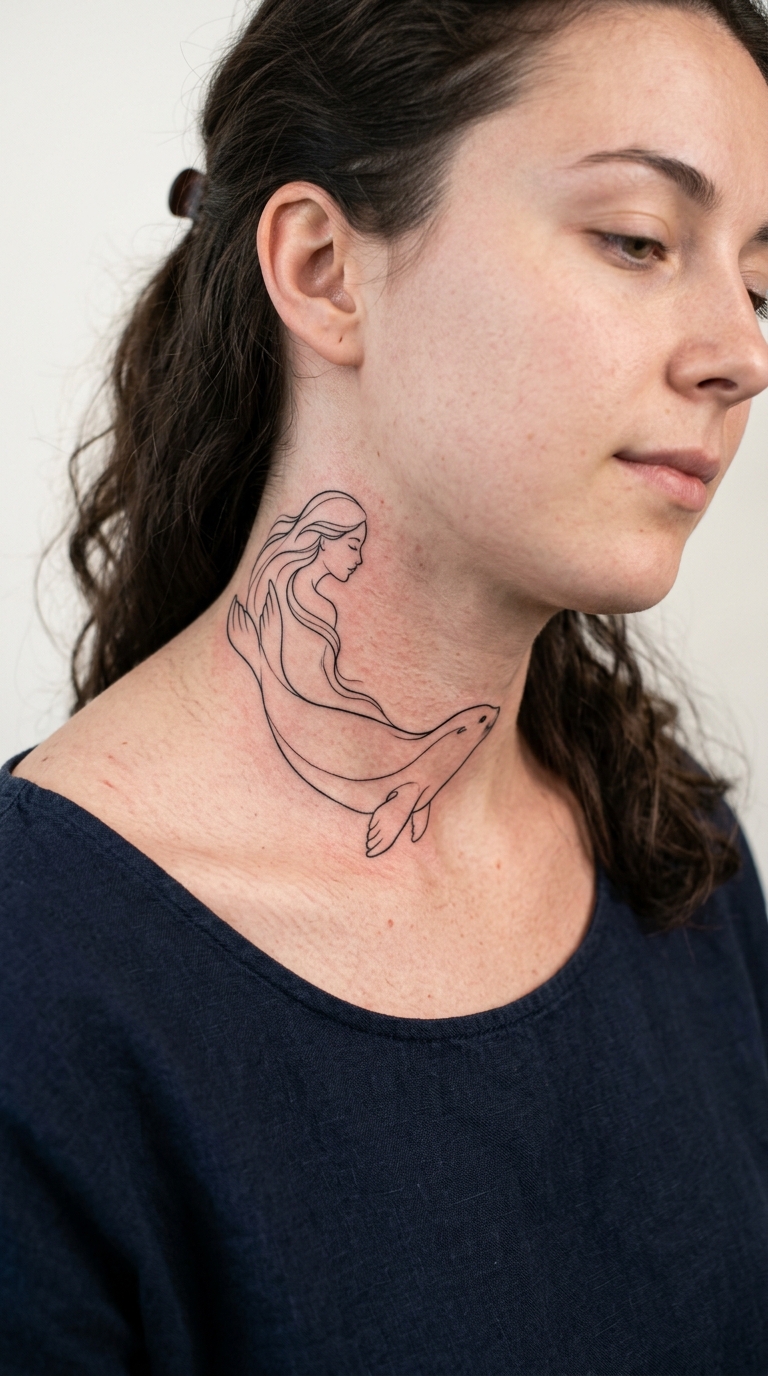 Selkie als feines Fineline Tattoo Idee für den Hals