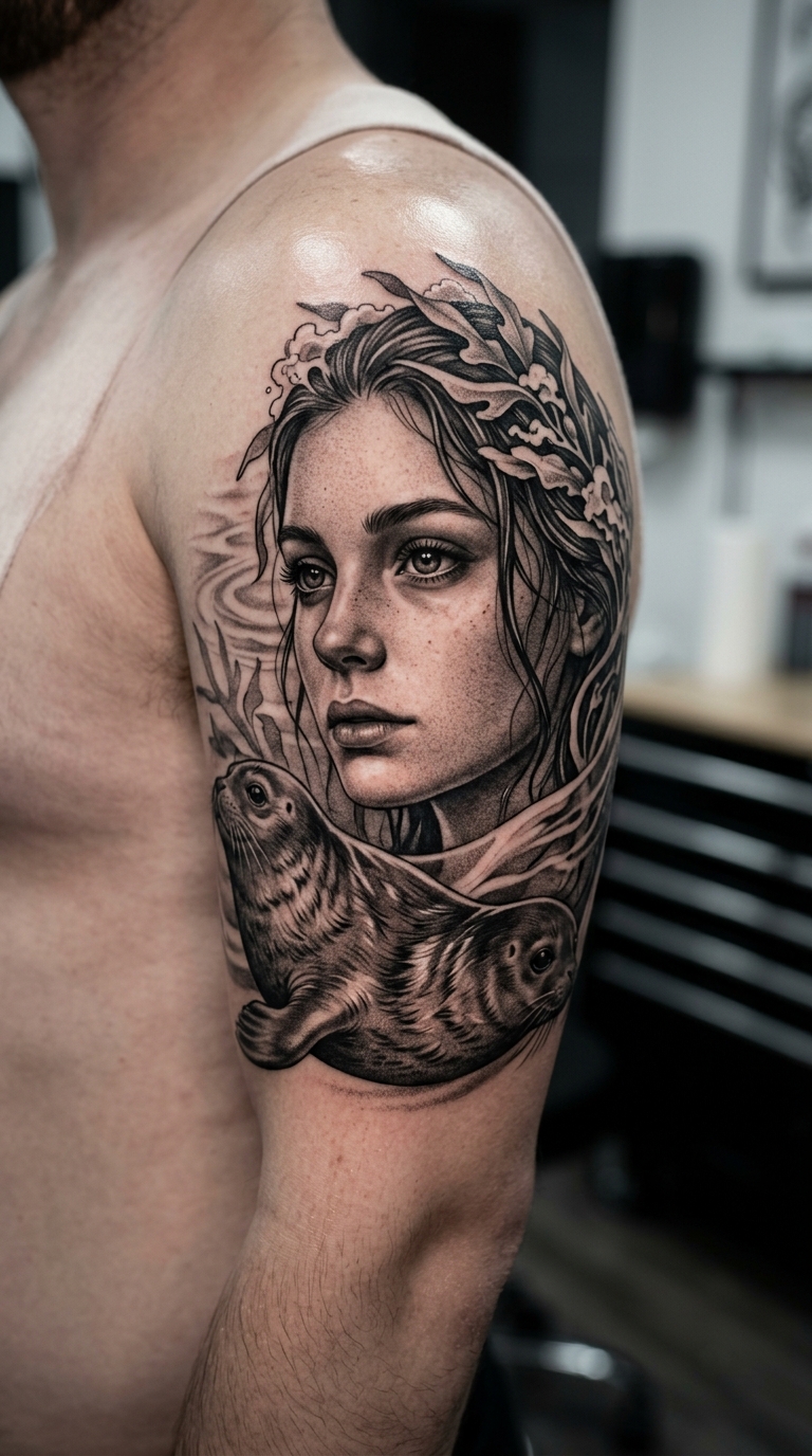 Selkie als Realistic Tattoo für den Oberarm