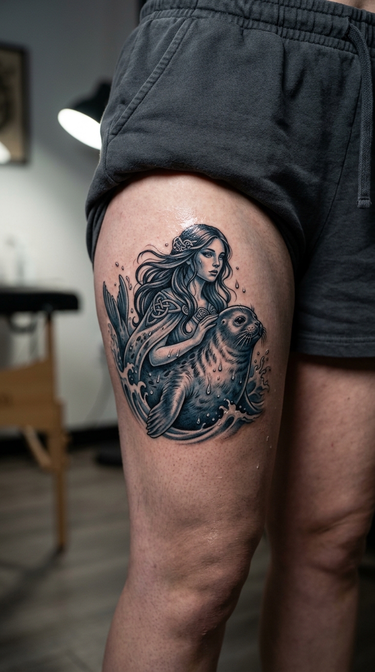 Selkie Gestalt als 3D Tattoo Idee für den Oberschenkel