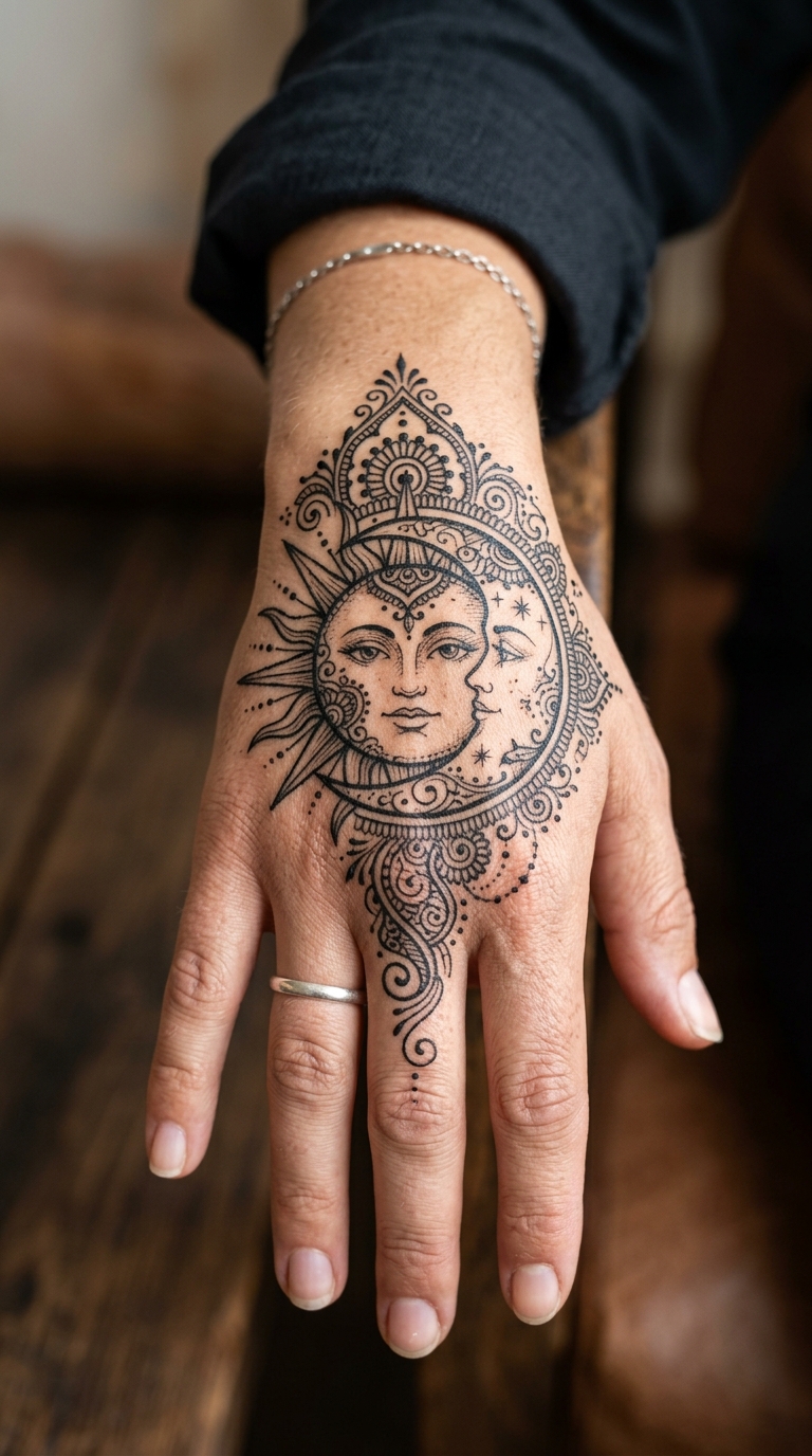 Sonne und Mond als Henna Tattoo für die Hand