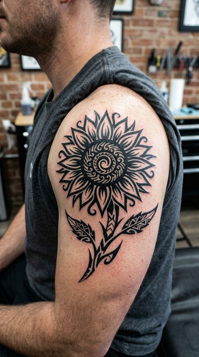 Sonnenblume als auffälliges Tribal Tattoo für die Schulter