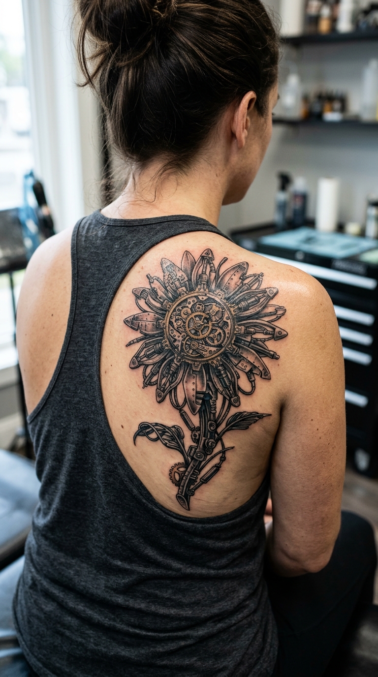 Sonnenblume als biomechanisches Tattoo für den Rücken
