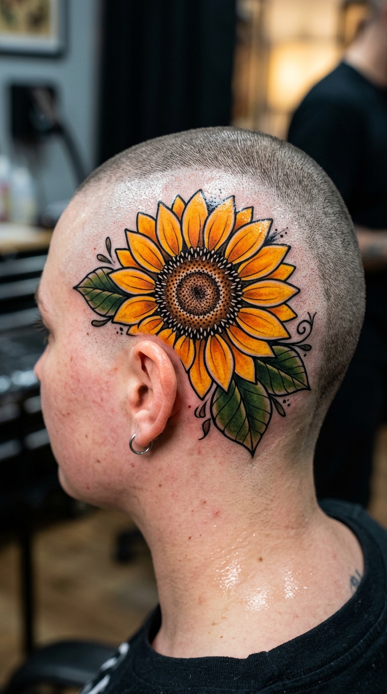Sonnenblume als farbenfrohes Oldschool und Newschool Tattoo für den Kopf