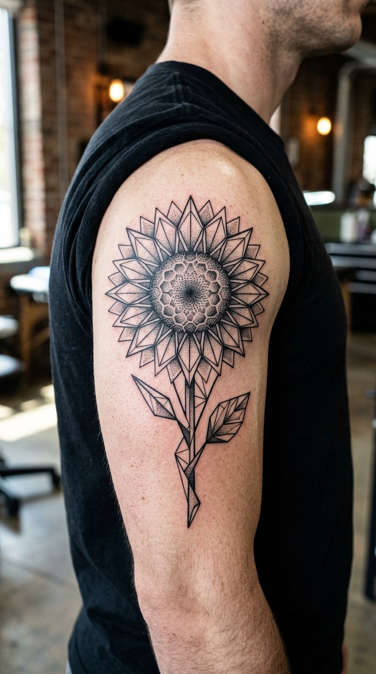 Sonnenblume als geometrisches Tattoo für den Oberarm