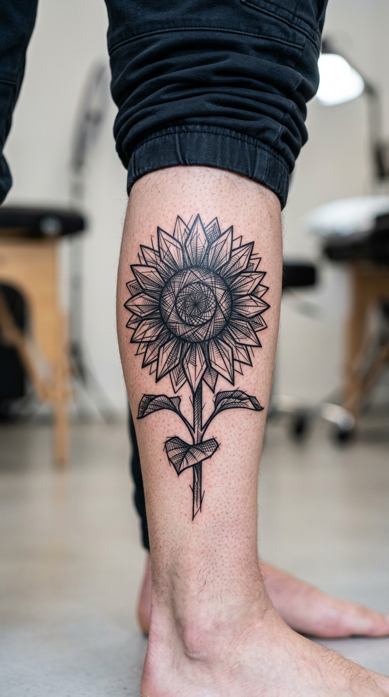 Sonnenblume als kreuz und quer Tattoo Idee für das Bein