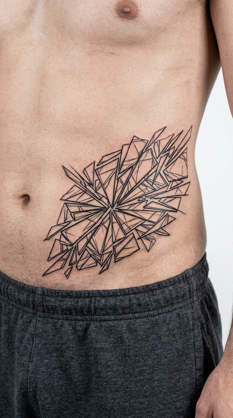 Spiegelscherben als kreuz und quer Tattoo auf dem Bauch