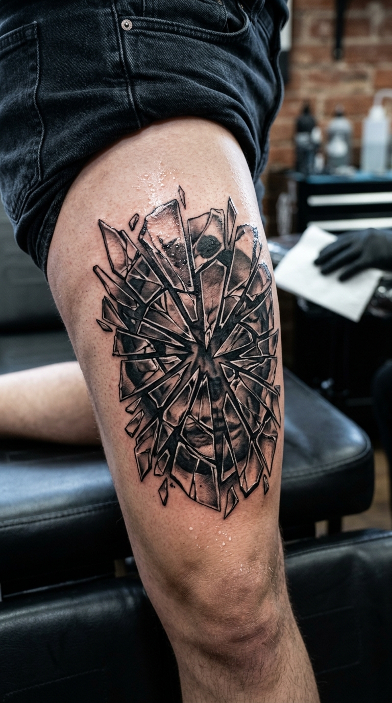 Spiegelscherben als kunstvolles Cover up Tattoo für den Oberschenkel