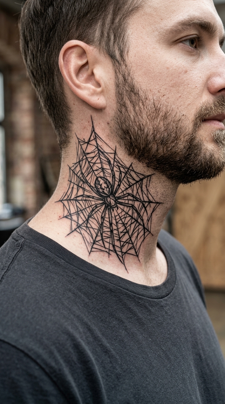 Spinne im Netz als kreuz und quer Tattoo auf dem Hals