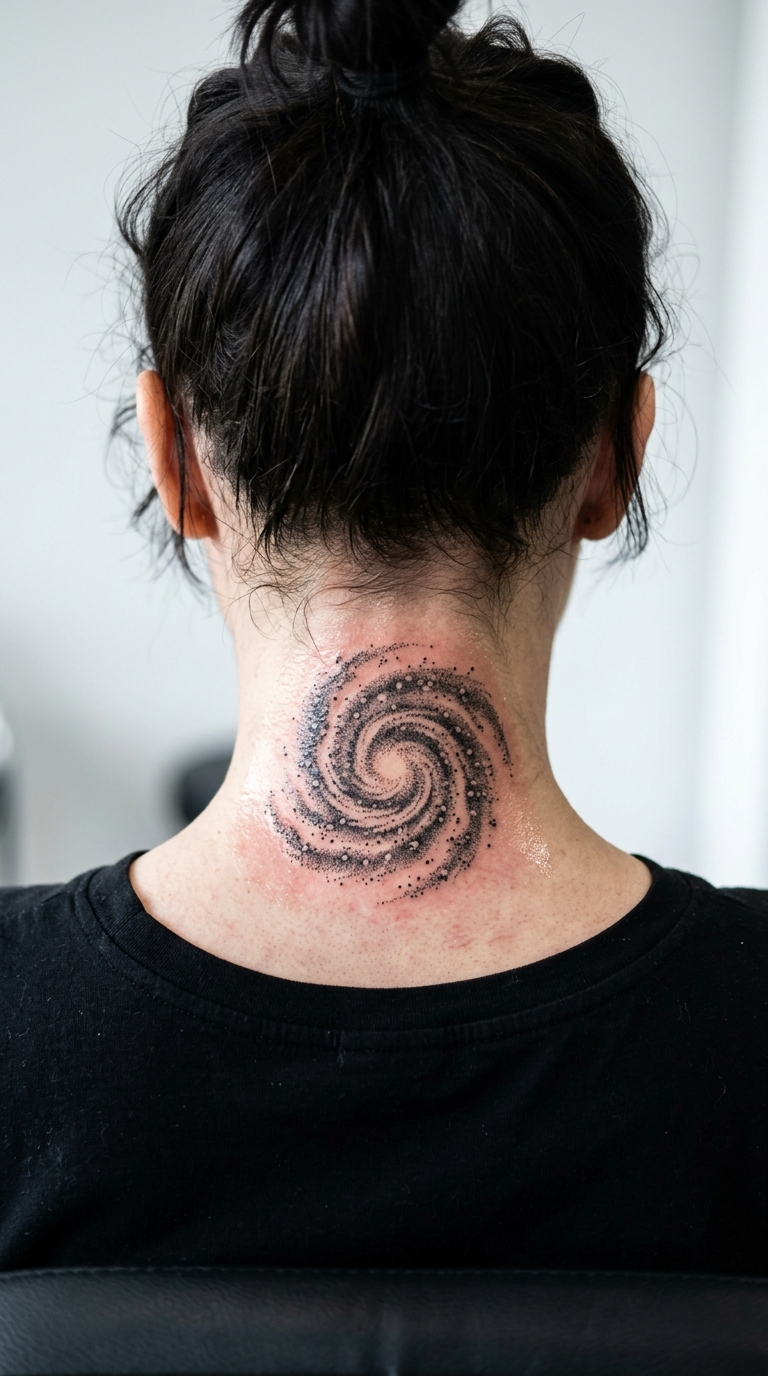 Spiralgalaxie als Dotwork Tattoo Idee für den Nacken