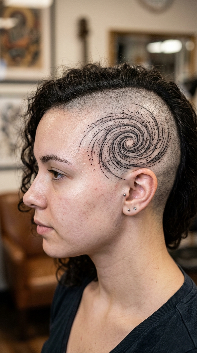 Spiralgalaxie als Fineline Tattoo für den Kopf