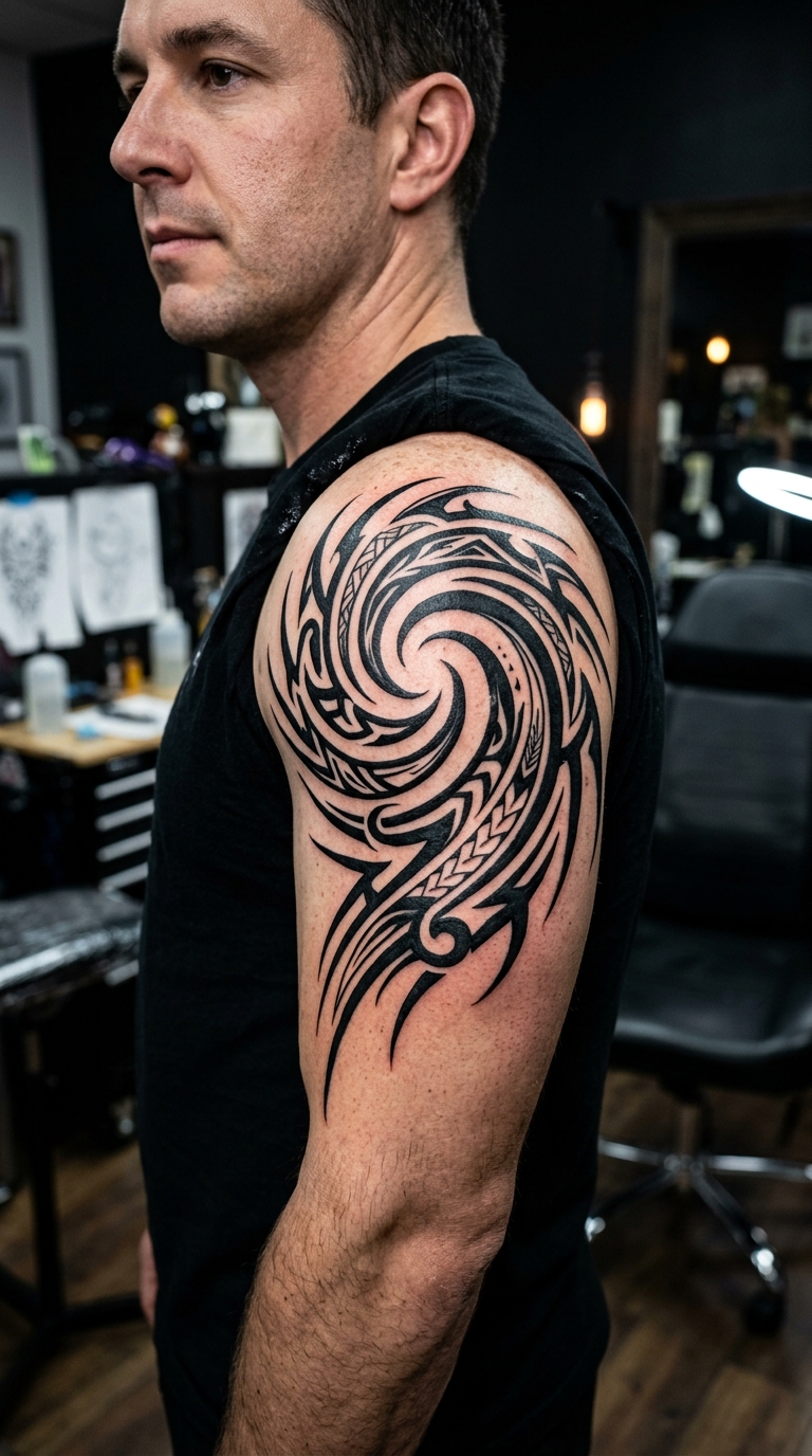Spiralgalaxie als Tribal Tattoo für den Oberarm