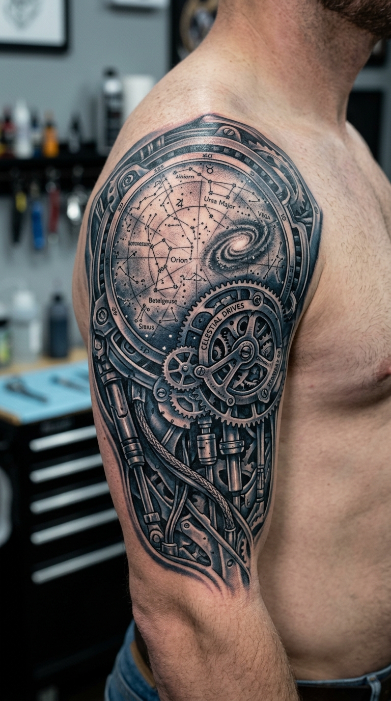 Sternenkarte als biomechanisches Tattoo für den Oberarm