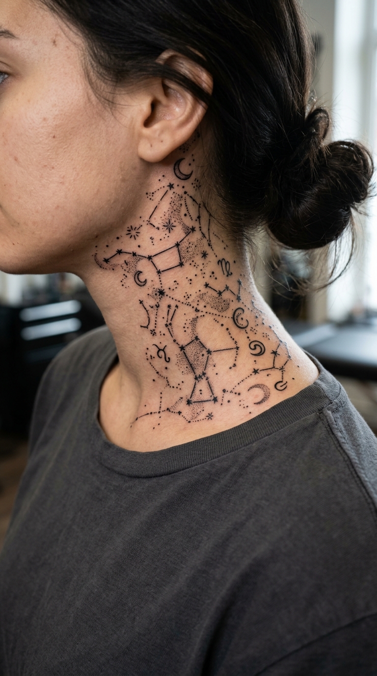 Sternenkarte als Henna Tattoo für den Hals