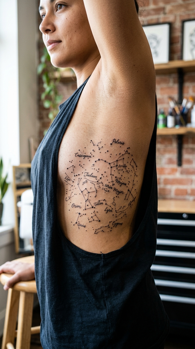 Sternenkarte als Kalligrafie Tattoo für die Rippen