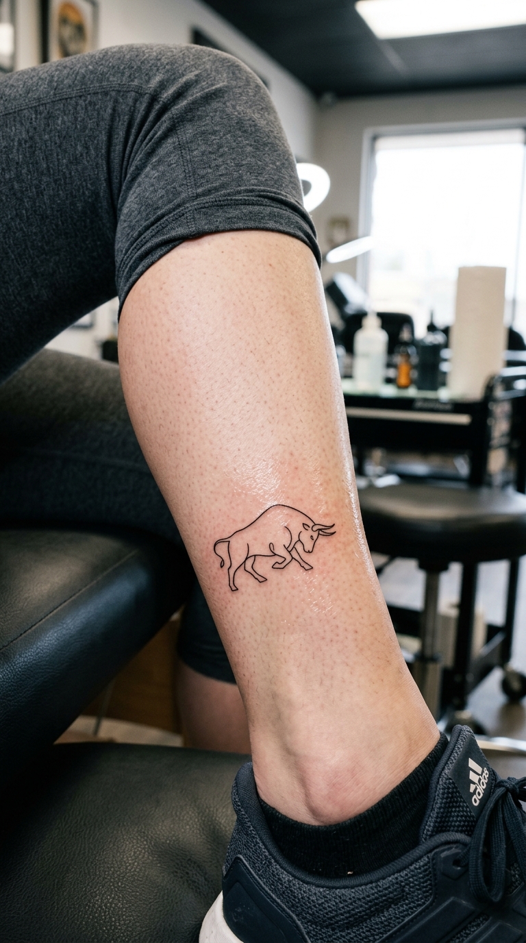 Stier mit gesenktem Kopf als kleines Tattoo für das Bein