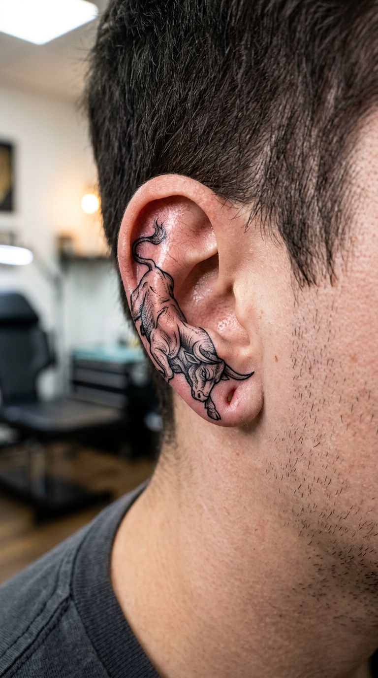 Stier mit gesenktem Kopf Tattoo Idee für das Ohr