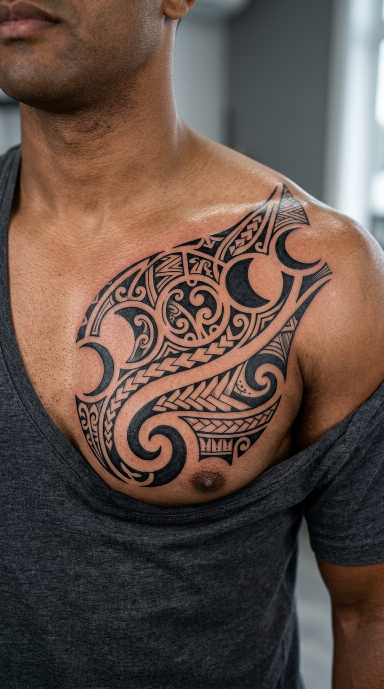 Stilisierte Mondzyklen als Maori Tattoo für Brust & Oberkörper