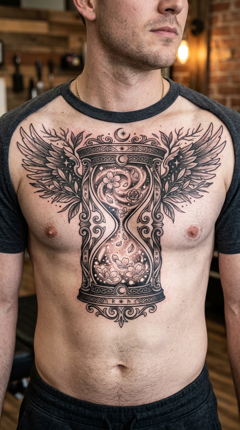 Stundenglas mit Blüten als mystisches Fantasy Tattoo für Brust & Oberkörper