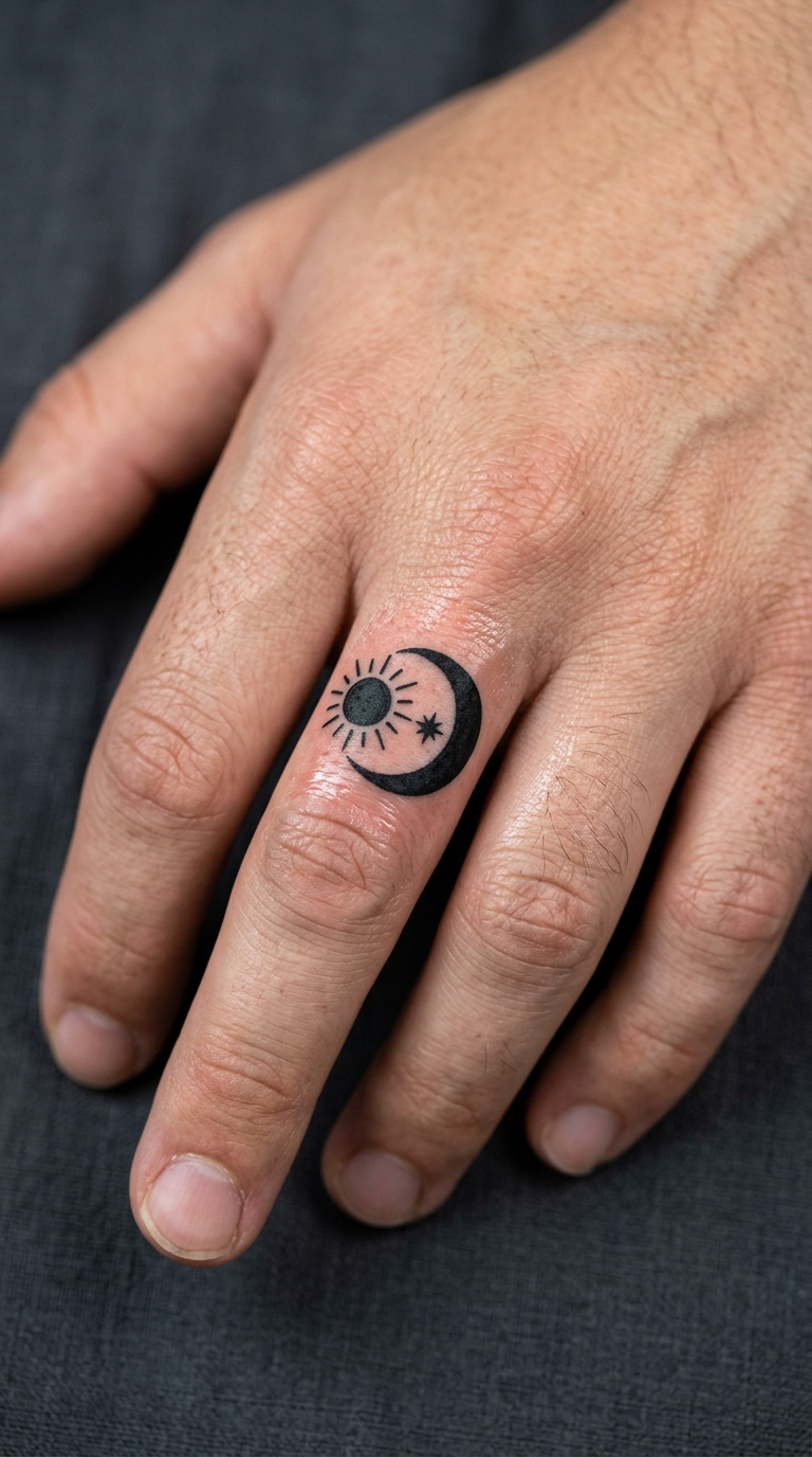 Tag und Nacht als Blackwork Tattoo auf dem Finger