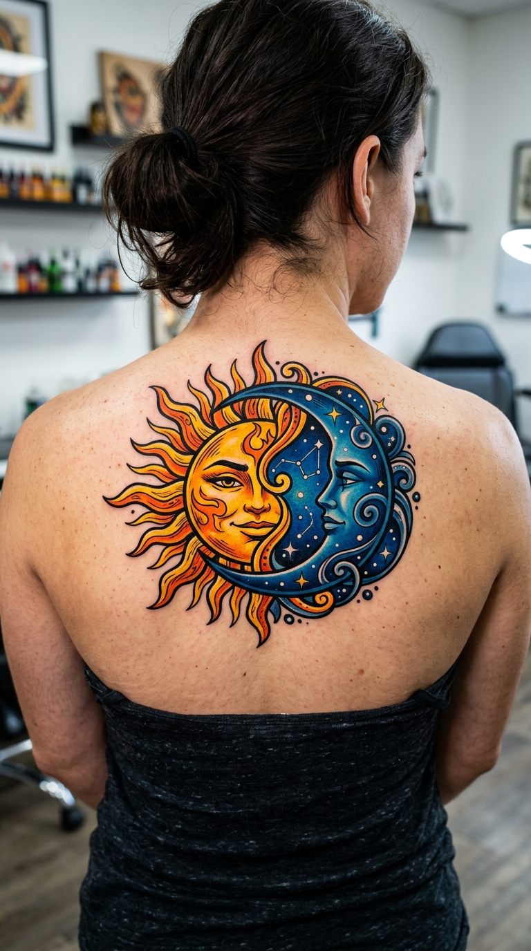 Tag und Nacht als Comic Tattoo auf dem Rücken
