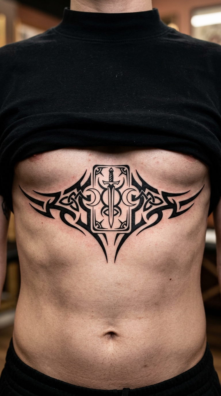 Tarotkarte als kraftvolles Tribal Tattoo für den Underboob