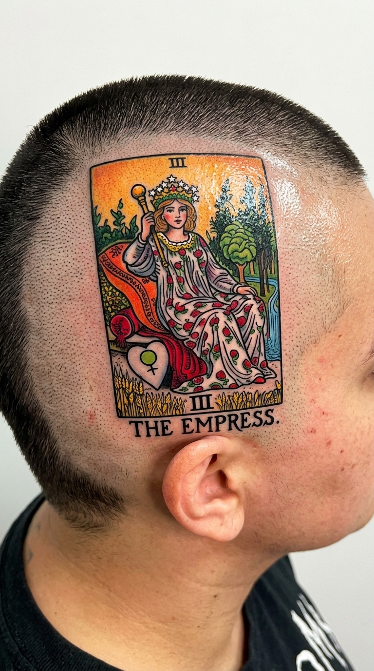 Tarotkarte als Oldschool und Newschool Tattoo für den Kopf