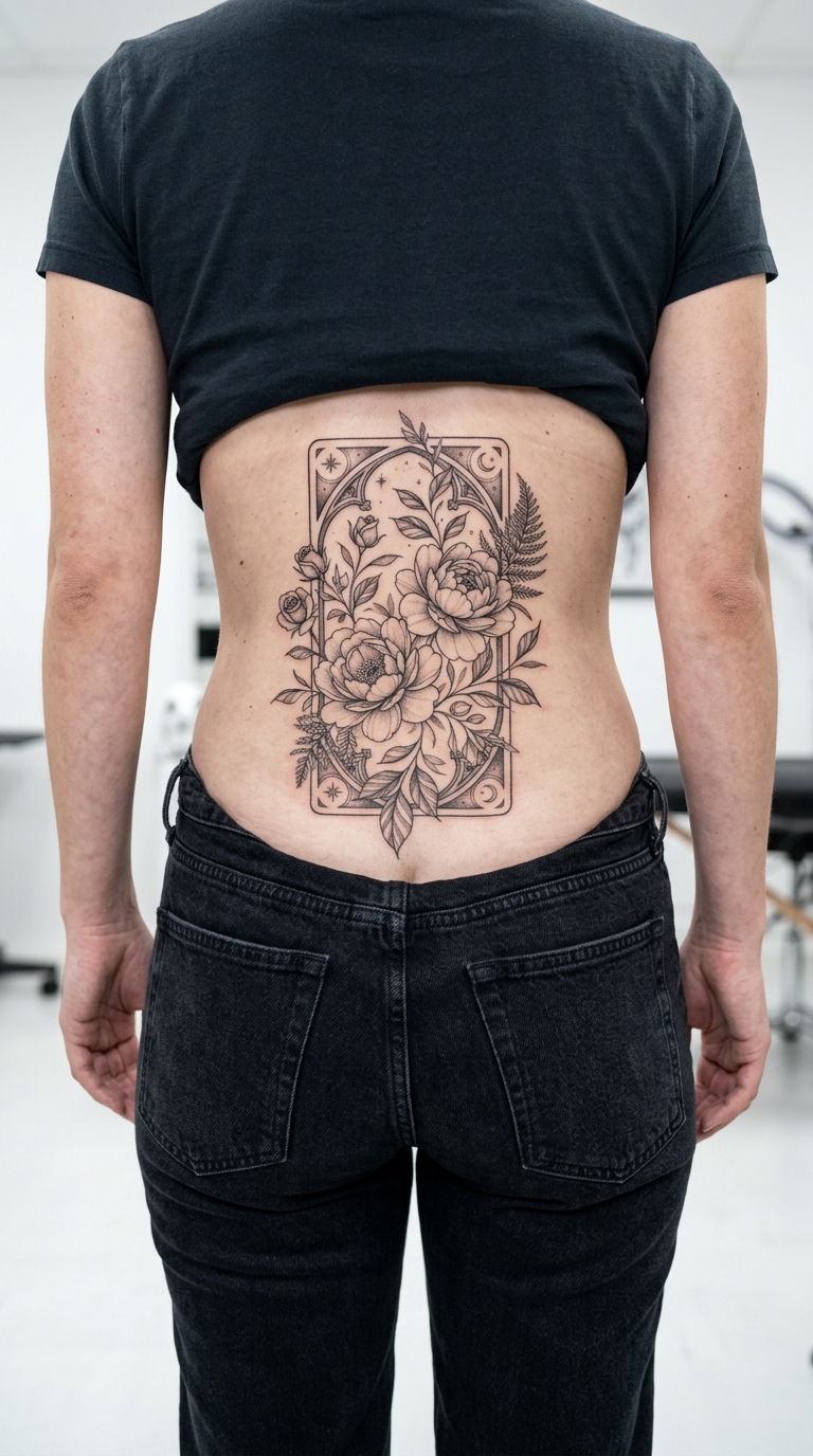 Tarotkarte mit Blumenranken Tattoo Idee für das Steißbein
