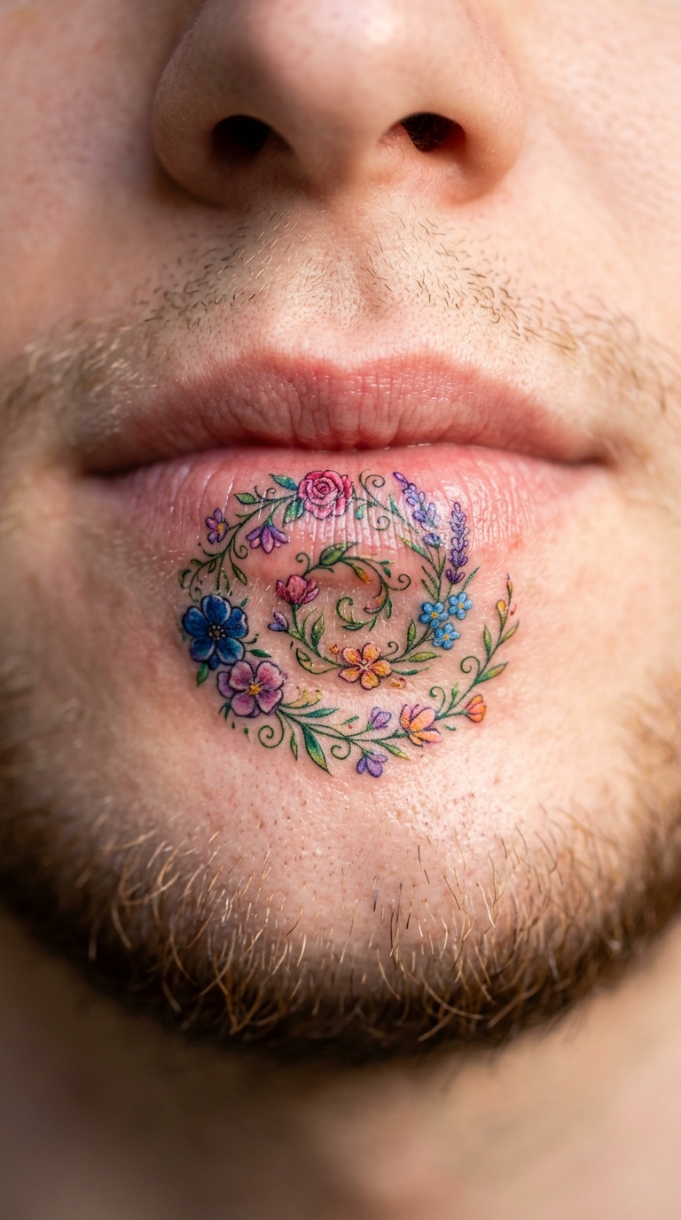 Tattoo Idee einer Spiralgalaxie als florales Design für die Unterlippe