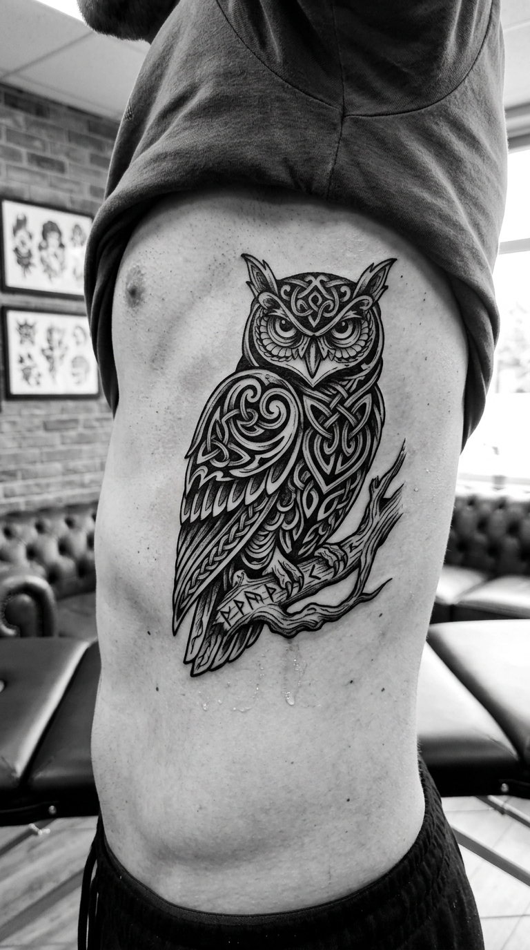 Tattoo Idee Eule im Wikinger und Celtic Stil für die Rippen