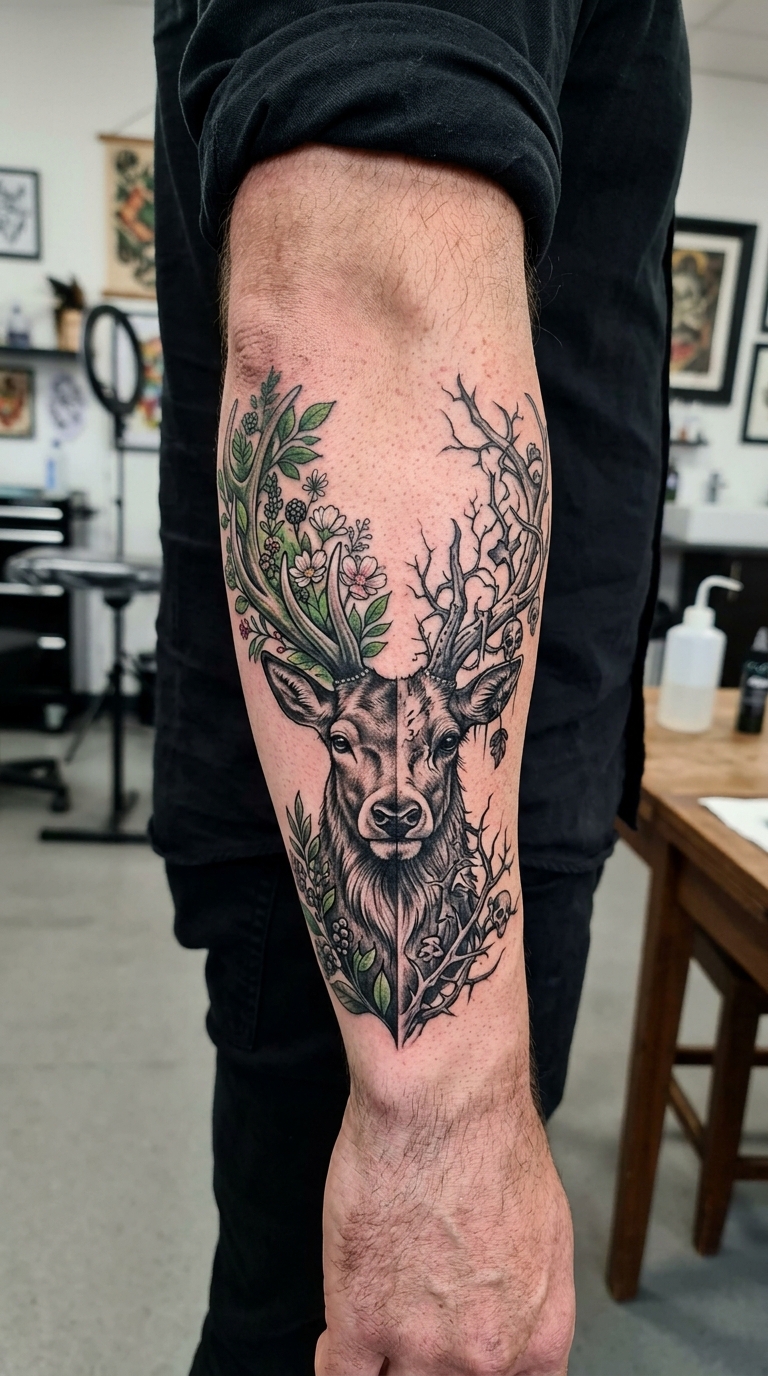 Tattoo Idee mit Hirsch und Baum für den Arm
