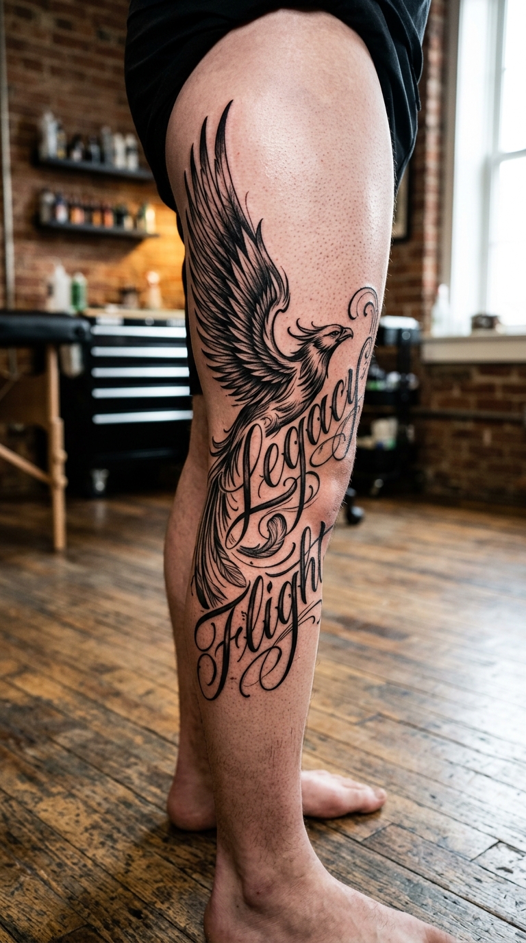 Tattoo Idee mit Roc Vogel als Schriftzug für das Bein
