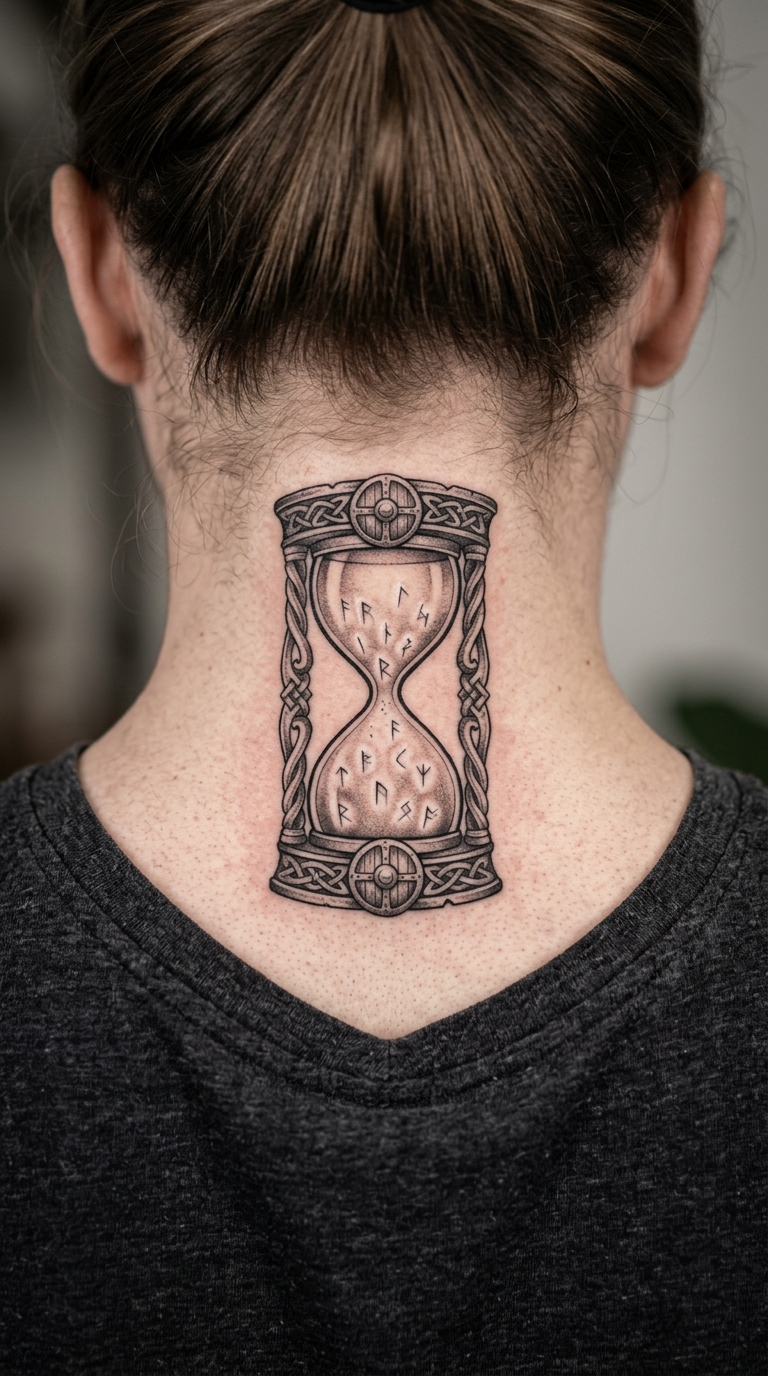 Tattoo Idee Sanduhr mit Runen im Wikinger und Celtic Stil für den Nacken