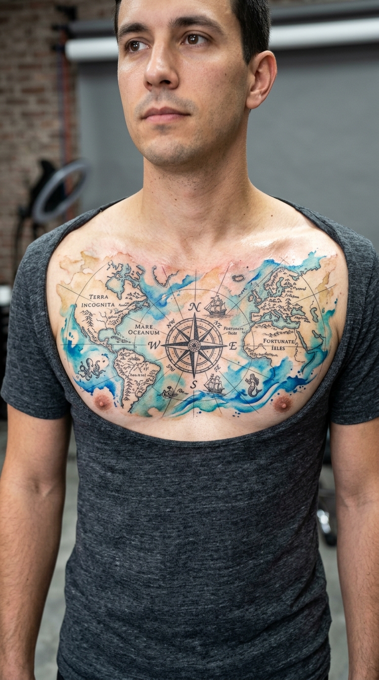Tattoo Vorlage Alte Seekarte als Aquarell für Brust & Oberkörper