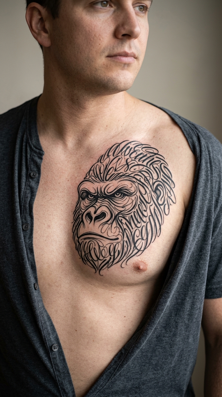 Tattoo Vorlage Gorilla als geschwungener Schriftzug für Brust & Oberkörper