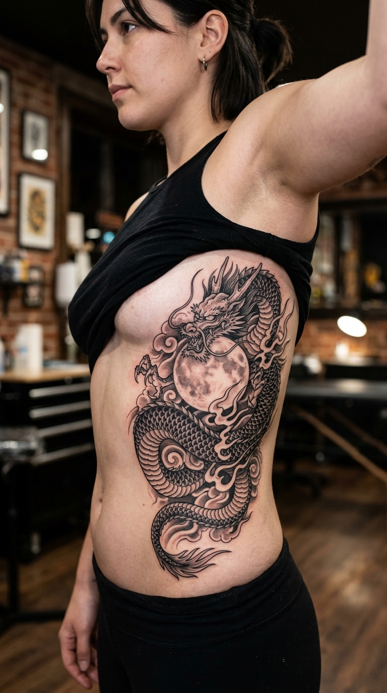 Tattoo Vorlage japanischer Drachen und Mond für die Rippen