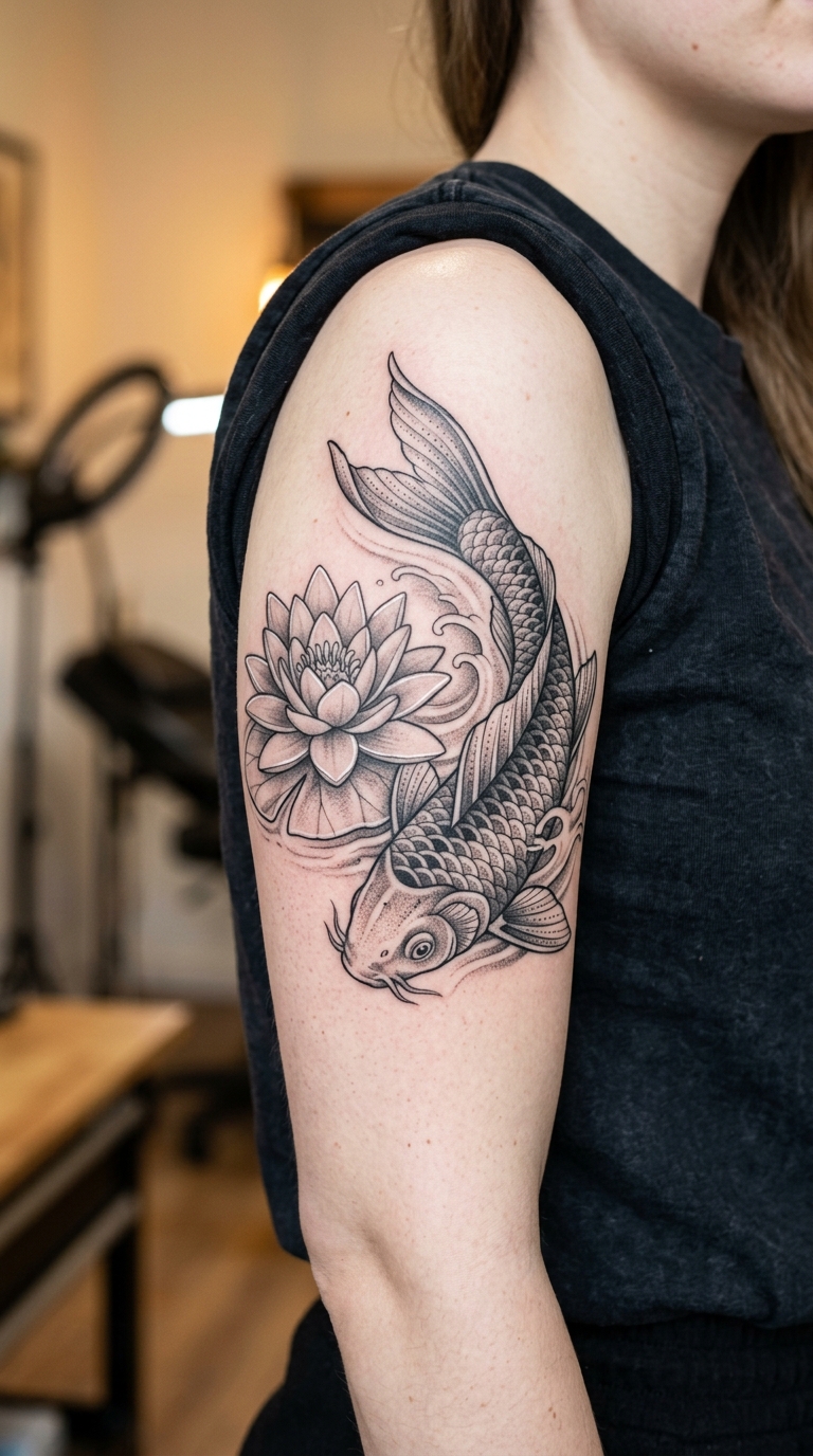 Tattoo Vorlage Koi mit Seerose für den Oberarm