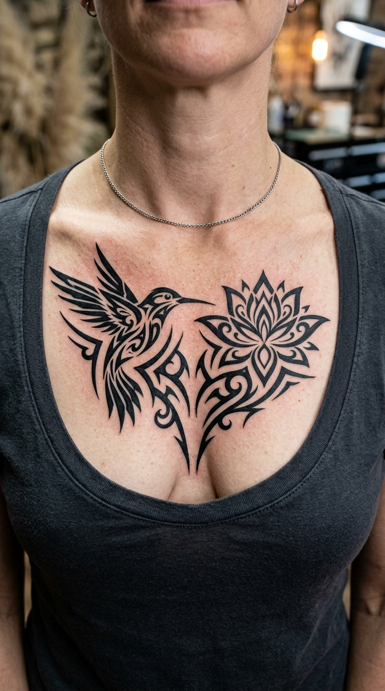 Tattoo Vorlage Kolibri mit Blüte als Tribal Design