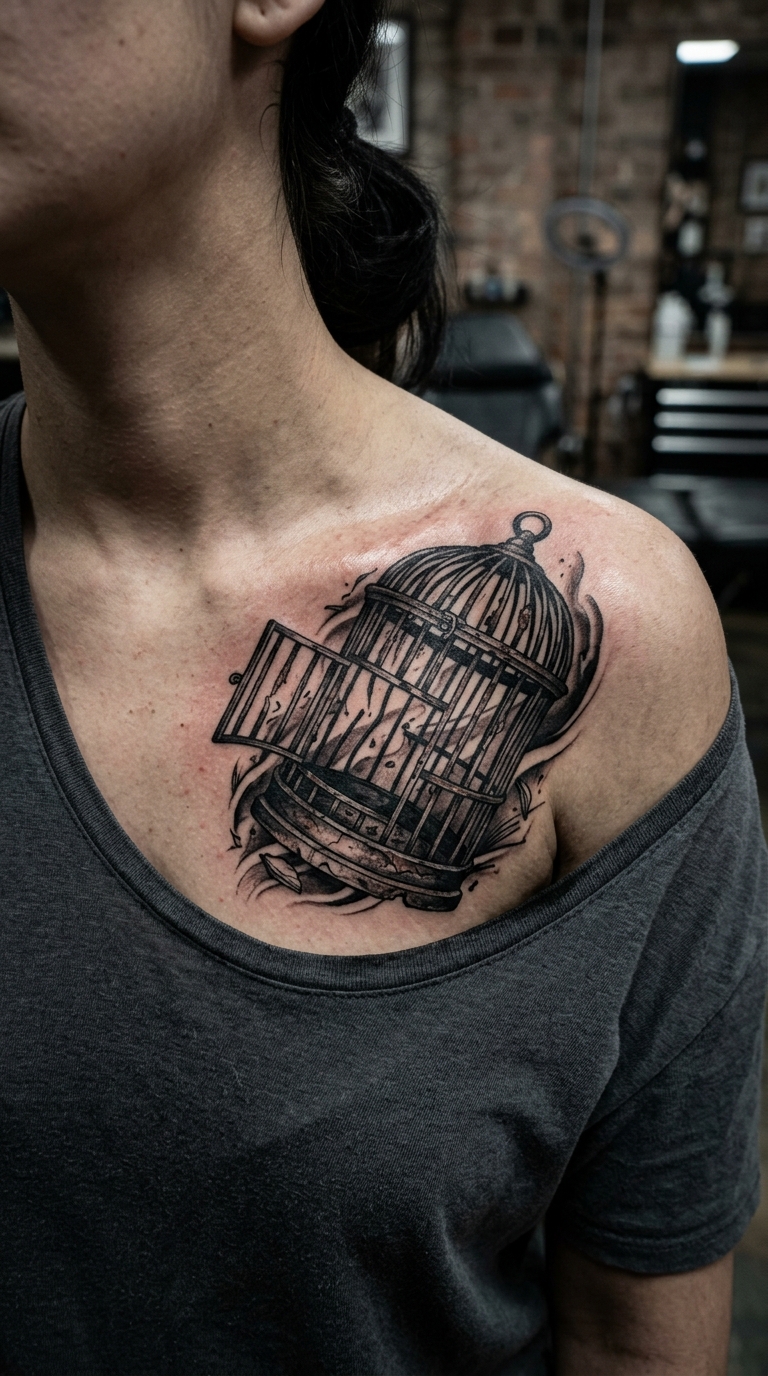 Tattoo Vorlage leerer Vogelkäfig als Horror Motiv für das Schlüsselbein