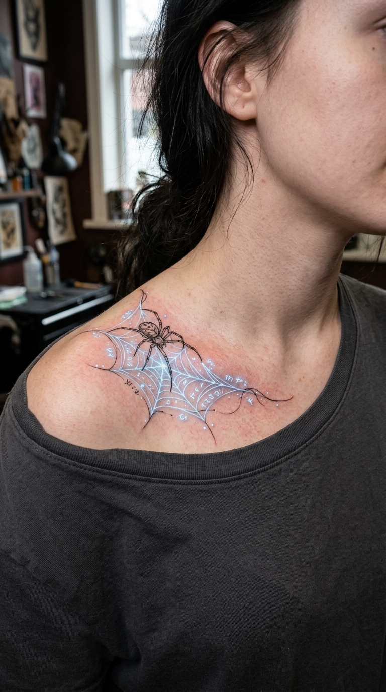 Tattoo Vorlage Spinne im Netz als mystisches Fantasy Design für das Schlüsselbein