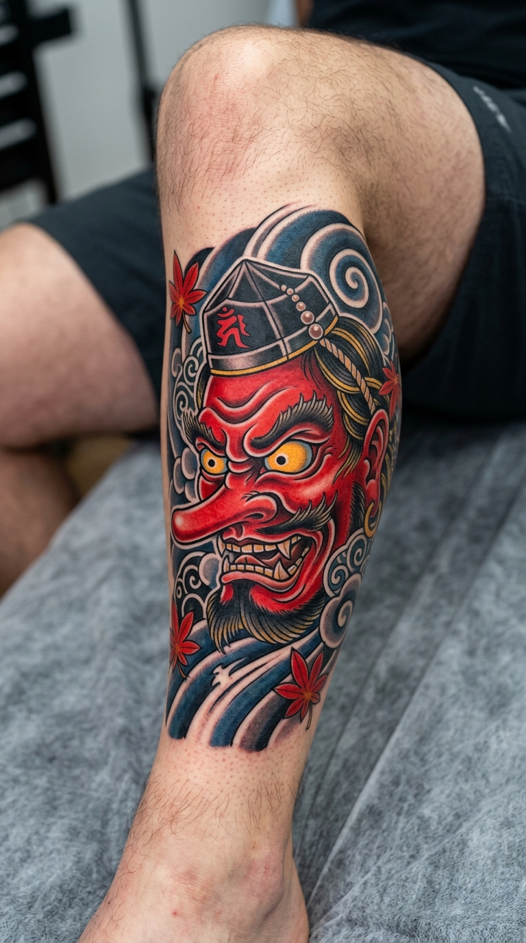 Tattoo Vorlage Tengu im Mix aus Oldschool und Newschool für das Bein