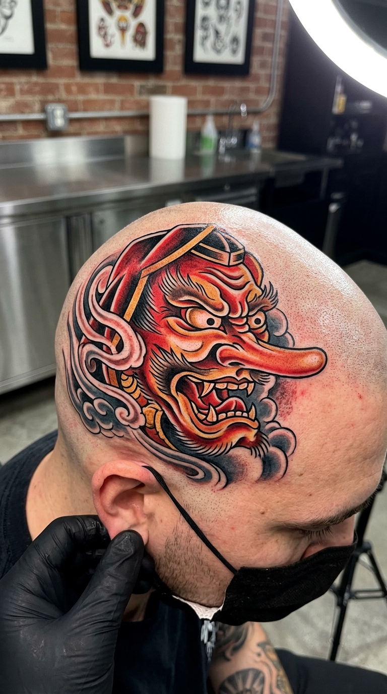Tengu als Oldschool und Newschool Tattoo für den Kopf